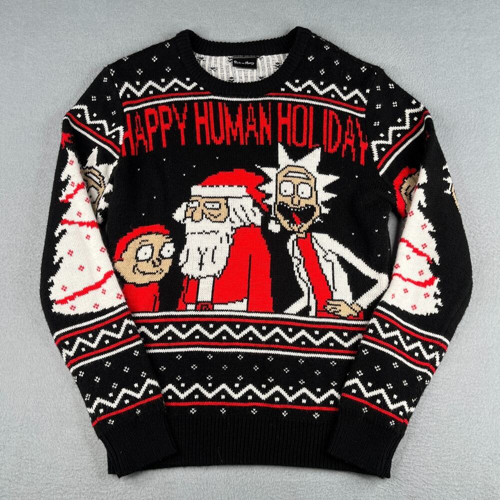 Rick And Morty Chirtsmas Sweater Small Black Red Happy Human Holiday Knit